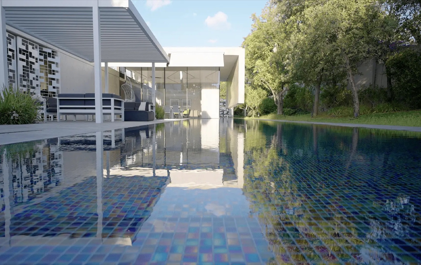 Modern residence and reflecting pool from the Montefiore film